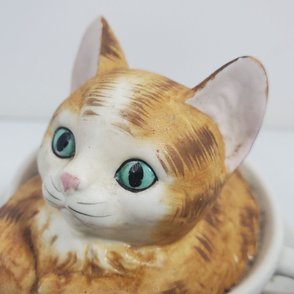 VTG Music Box Cat Figurine In Teacup With Saucer Hand-Painted Ceramic Floral Des - Picture 2 of 16